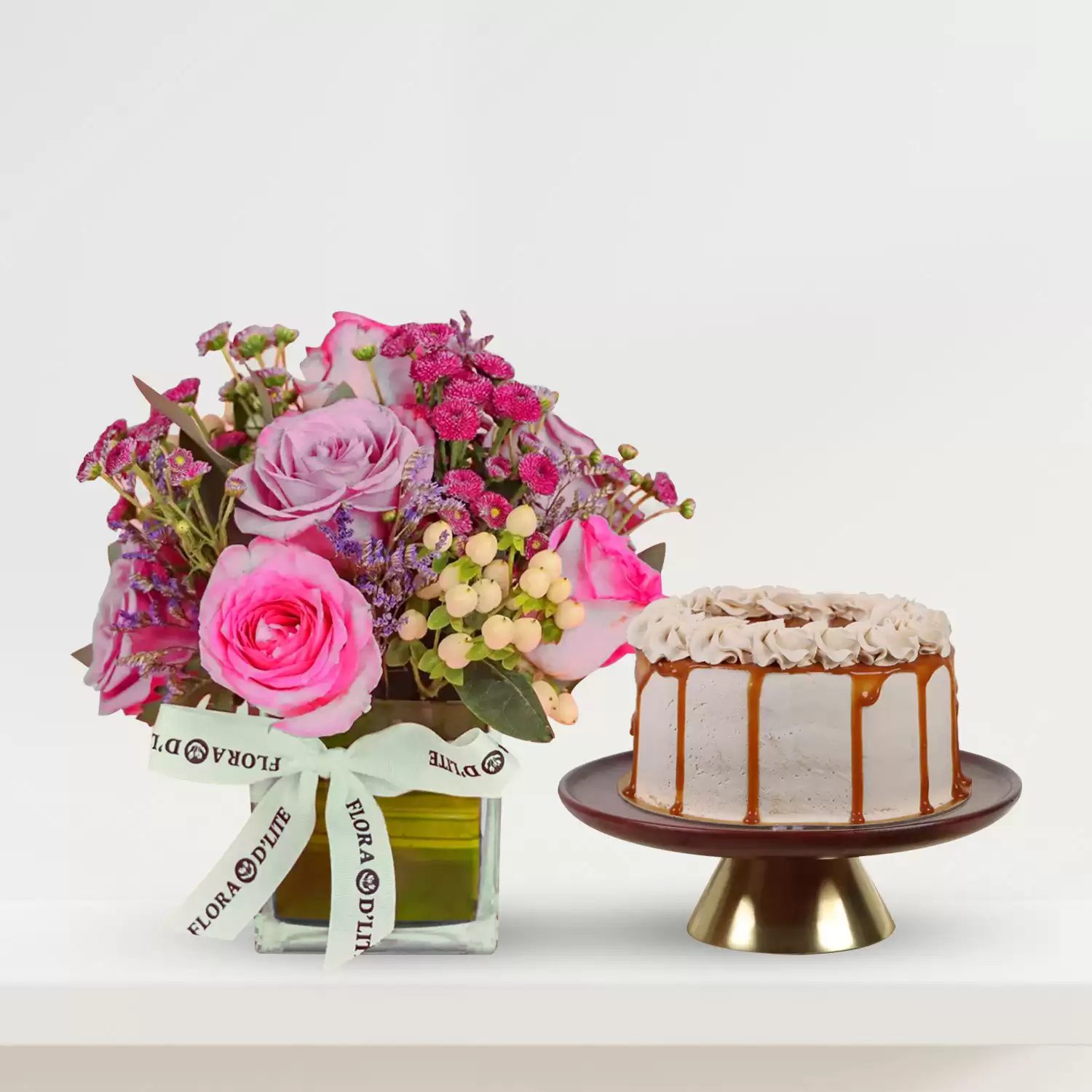Pink Grace & Caramel Cake | Order Flowers And Cakes Online In Bahrain - Flora D'lite